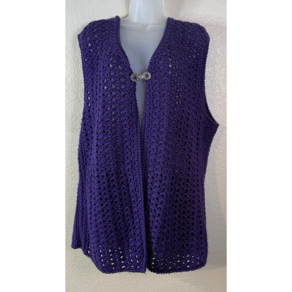 Womens Handmade 2X Vest Cardigan Purple Crochet Open Knit Ornate Clasp Boho Chic